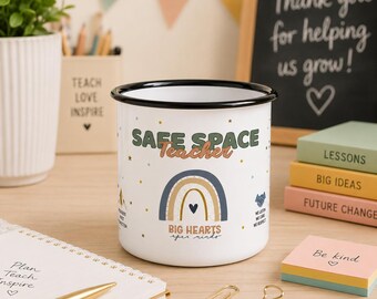 Safe Space Teacher Campfire Mug, Teacher Appreciation Gift, Mental Health Teacher Mug, School Counselor Gift, Back to School Enamel Mug
