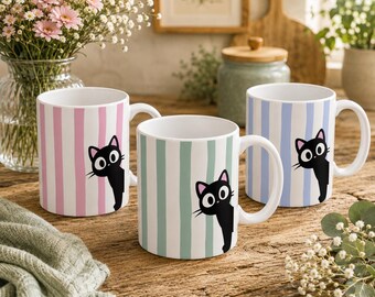 Cute Black Cat Mug, Funny Cat Coffee Mug, Cat Lover Gift, Peekaboo Cat Mug, Striped Ceramic Mug, Minimalist Cat Cup, Cute Tea Mug
