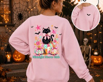 Midnight Meow Club Sweatshirt, Cute Black Cat Halloween, Coquette Cat Crewneck, Bow Kitty Pullover, Spooky Fall Sweatshirt for Cat Lovers