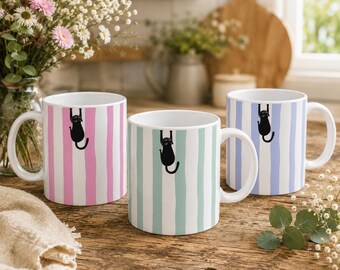 Cute Cat Mug, Black Cat Coffee Mug, Funny Cat Lover Gift, Minimalist Cup, Striped Ceramic Mug, Cat Mom Gift, Cute Tea Mug, Pastel Coffee Mug