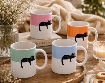 Black Cat Coffee Mug, Minimalist Cat Mug, Cute Cat Lover Gift, Modern Ceramic Mug, Scandinavian Cat Cup, Aesthetic Coffee Mug, Funny Cat Mug