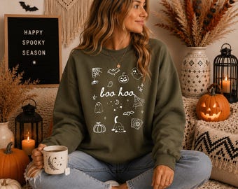 Halloween Sweatshirt, Boo Hoo Sweatshirt, Cute Ghost Crewneck, Spooky Season Sweatshirt, Halloween Doodle Sweater, Fall Sweatshirt