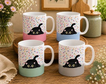 Cute Black Cat Mug, Kawaii Cat Coffee Mug, Colorful Sprinkle Mug, Funny Cat Lover Gift, Cute Ceramic Tea Cup, Pastel Mug, Gift for Cat Mom