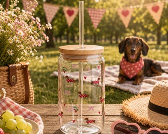 Dachshund Glass Tumbler with Lid & Straw, Sausage Dog Cup, Cute Dachshund Gift, Coquette Glass Can, Dog Mom Valentine Gift