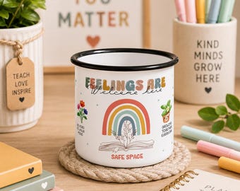 Feelings Are Welcome Here Enamel Mug, Teacher Appreciation Gift, School Counselor Mug, Mental Health Teacher Cup, Back to School Campfire