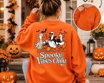 Spooky Vibes, Halloween Sweatshirt, Cute Ghost Duck Sweatshirt, Personalized Halloween Crewneck, Goose Halloween Sweater, Fall Sweatshirt