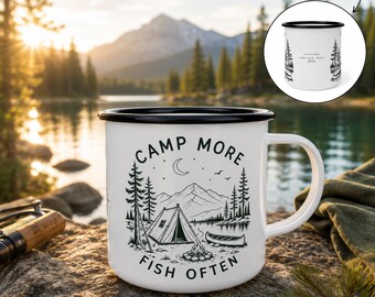 Personalized Camping Mug, Fish Often Camp More Mug, Fishing Gift for Dad, Enamel Camp Cup, Canoe Mug, Outdoor Adventure Cup