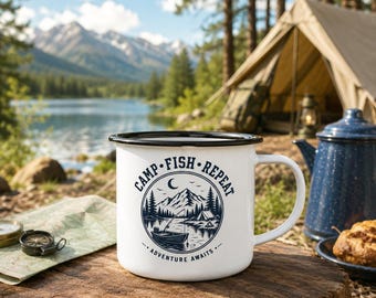 Camping Mug, Camp Fish Repeat Enamel Mug, Fishing Coffee Cup, Camper Gift, Outdoor Mug, Hiking Mug, Adventure Camp Cup