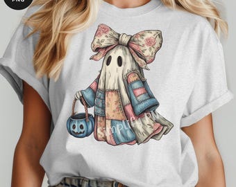 Retro Halloween Ghost PNG: Blue Denim Patchwork Design (Digital Download)