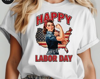 Feliz Día del Trabajo al estilo Rosie (PNG): Ilustración patriótica para impresión bajo demanda (descarga digital).