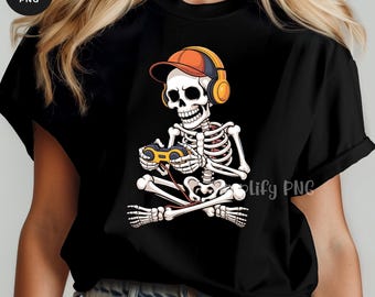 Gamer Skull Art PNG: Gaming Skeleton with Headset (Digital Download