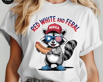 Mapache rojo, blanco y salvaje PNG: Diseño divertido del 4 de julio (Descarga digital)