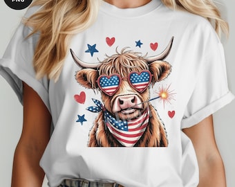 American Highland Cow PNG: 4th of July, USA Flag (Digital Download)