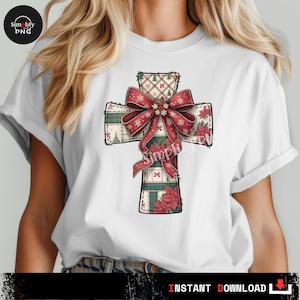 Puede incluir: Camiseta blanca con un diseño de cruz con un lazo rojo y detalles florales. La cruz está decorada con cuadros y motivos de árboles de Navidad. El diseño incluye el texto "Simplify PNG" y "INSTANT DOWNLOAD".