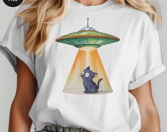 Katze UFO Entführung PNG, Lustige Sci-Fi Grafik (Digitaler Download)