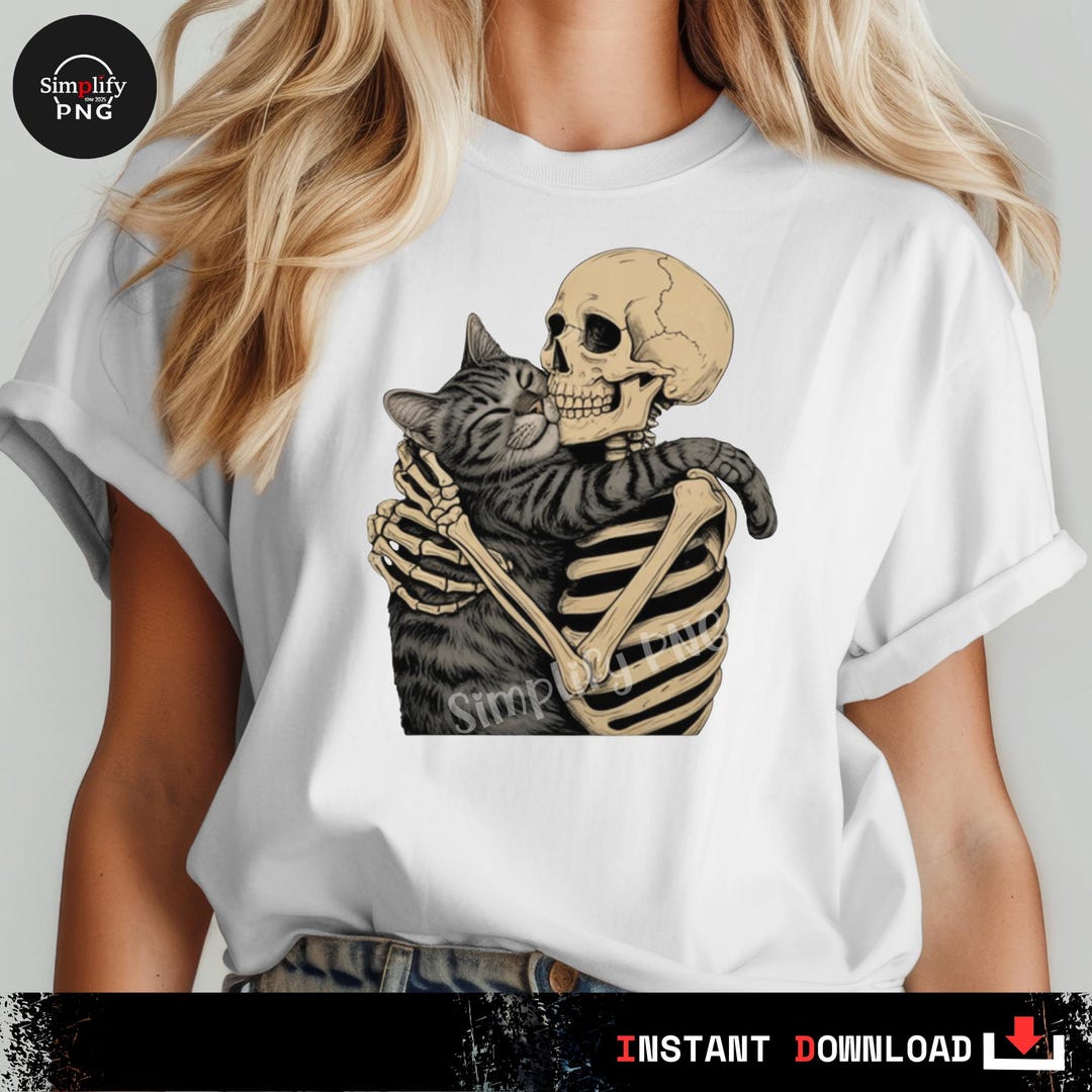 Skeleton Hugging Cat SVG PNG: Clipart Gothic Cat Skull Art, Dark Cute ...