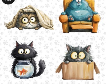 Whimsical Cat PNG Clipart Bundle: Funny Kitten Illustrations (Digital Download)