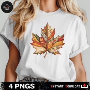 May include: White t-shirt with a patchwork maple leaf design in shades of red, orange, yellow, green, and cream. The leaf is made up of different patterns and textures. The shirt also has the text "4 PNGS" and "INSTANT DOWNLOAD".