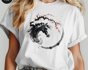 Caballo de tinta y flores de cerezo PNG — Semental asiático de pelaje cepillado (Descarga digital)