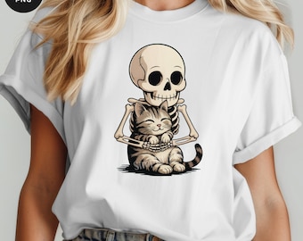Esqueleto abrazando a un gato PNG: Clipart de amante de los gatos (Descarga digital)