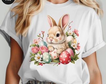 Vintage Easter Rabbit PNG, Watercolor Easter Eggs (Digital Download)