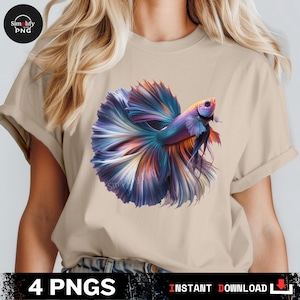 May include: Beige t-shirt featuring a vibrant illustration of a betta fish. The fish showcases a spectrum of colors, including blue, purple, orange, and yellow. The bottom of the image displays the text "4 PNGS" and "INSTANT DOWNLOAD".