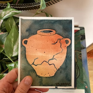 Mini opera d'arte originale: vaso di terracotta rotto, dipinto ad acquerello