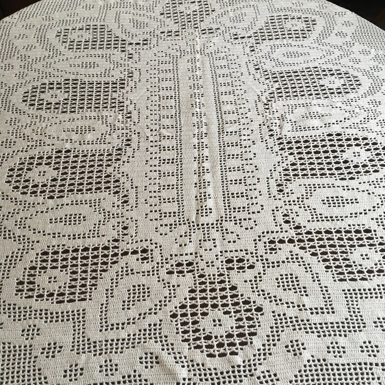 Vintage Hand-Crocheted Cotton Round Tablecloth