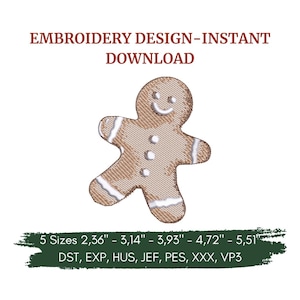 Può includere: Un disegno di ricamo di un omino di pan di zenzero sorridente. Il disegno include il testo "EMBROIDERY DESIGN - INSTANT DOWNLOAD". L'immagine include anche misure di dimensioni da 6 cm a 14 cm.
