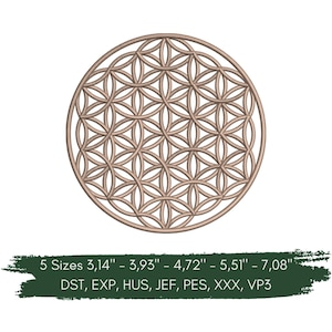 Può includere: Un design circolare dettagliato con un intricato motivo di cerchi sovrapposti, simile a un fiore della vita. Il design è di colore marrone chiaro. L'immagine include testo che indica cinque opzioni di dimensioni, da 8 cm a 18 cm.