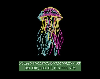 May include: A neon-colored jellyfish design on a black background. The jellyfish is rendered with lines in shades of pink, yellow, and blue. The image includes text indicating sizes from 5.11 to 11.81 inches and file formats.