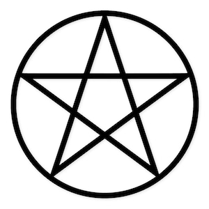 May include: A black pentagram symbol, a five-pointed star, is enclosed within a circle. The design is rendered in a simple, bold style, with thick black lines against a white background. This graphic is suitable for various applications, including apparel and accessories.