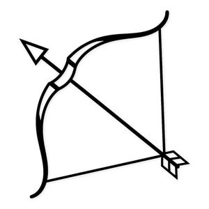 Peut inclure: Illustration en noir et blanc d'un arc et d'une flèche. L'arc est courbé avec une corde, et la flèche est positionnée comme si elle venait d'être lancée. La flèche a une pointe et des empennages.