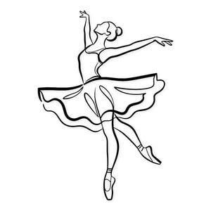 Puede incluir: Dibujo lineal en blanco y negro de una bailarina en una pose elegante. La bailarina lleva un tutú y zapatillas de punta, con los brazos extendidos y una pierna apuntando. La imagen está sobre un fondo blanco.
