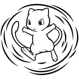 Könnte beinhalten: Schwarz-Weiß-Illustration eines Cartoon-Charakters, Mew, in einer dynamischen Pose. Die Figur ist von wirbelnden Linien umgeben, die Bewegung suggerieren. Das Bild ist ein einfaches, klares Design.