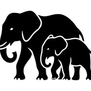 May include: A black and white illustration of an adult elephant and a baby elephant walking together. The elephants are side-by-side, with the baby elephant slightly smaller than the adult. The image is a simple, stylized design.