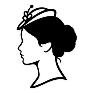 Pode incluir: Silhueta a preto e branco do perfil de uma mulher. Ela usa um chapéu com um detalhe floral e o cabelo está preso num coque. A imagem é um design simples e elegante.