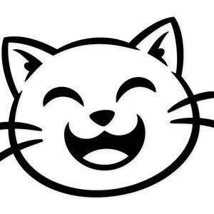 May include: A black and white cartoon cat face with a large smile, whiskers, and pointed ears. The cat's eyes are closed in a happy expression, and the outline is thick and bold.