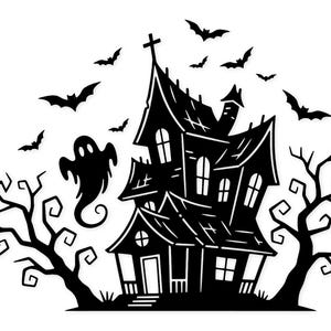 Könnte beinhalten: Schwarz-weiße Halloween-Illustration mit einem Spukhaus, Fledermäusen, einem Geist und kahlen Bäumen. Das Haus hat mehrere Stockwerke, ein Kreuz auf der Spitze und mehrere Fenster. Fledermäuse fliegen um das Haus herum, und ein Geist schwebt in der Nähe.