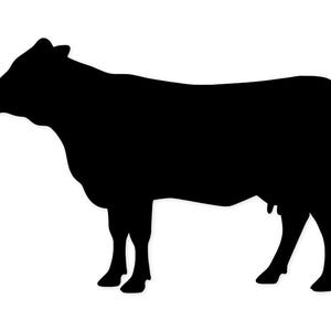 Puede incluir: Silueta negra de una vaca sobre fondo blanco. La vaca se muestra de perfil, de pie, con la cabeza girada hacia la izquierda. La imagen es una representación gráfica simple del animal.