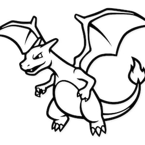 May include: A black and white illustration of a dragon-like creature with large wings and a flame at the end of its tail. The creature is in a dynamic pose, with its claws extended and mouth open, as if ready to attack.