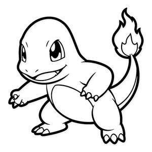 Op de afbeelding: Zwart-wit lijntekening van een Charmander-personage. De cartoonfiguur heeft een glimlachende uitdrukking, grote ogen en een vlam aan het einde van zijn staart. Het personage staat in een staande pose.