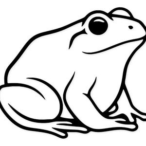 Może przedstawiać: Czarno-biała ilustracja żaby w pozycji siedzącej. Żaba ma duże, okrągłe oczy i gładkie ciało. Kontur jest gruby i odważny, co nadaje jej wygląd kreskówki. Nogi żaby są schowane pod jej ciałem.