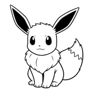 May include: A black and white illustration of a cartoon creature with large ears, a fluffy neck, and a bushy tail. The creature has large, round eyes and is sitting upright. The image is a line drawing on a white background.