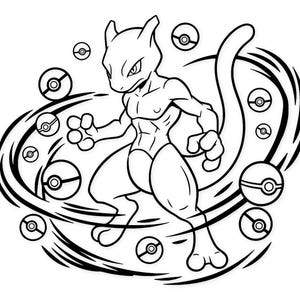 May include: Black and white illustration of Mewtwo, a humanoid Pokémon, surrounded by Poké Balls and energy swirls. The artwork features detailed linework, emphasizing the character's muscular physique and dynamic pose, perfect for fans of the Pokémon franchise.