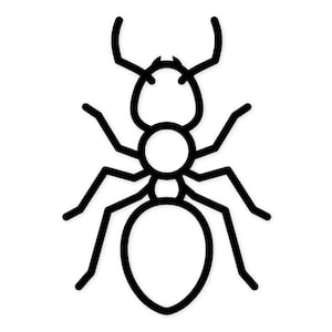 May include: A black and white line drawing of an ant. The ant is depicted in a simple, minimalist style, with a segmented body, six legs, and antennae. The ant is centered on a white background.