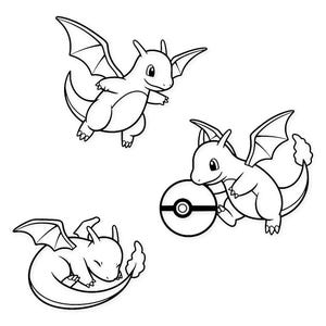 Może przedstawiać: Czarno-biała grafika liniowa przedstawiająca trzy kreskówkowe smoki. Jeden smok leci, drugi trzyma Pokéball, a trzeci zwija się do snu. Smoki mają skrzydła i kolczaste ogony.