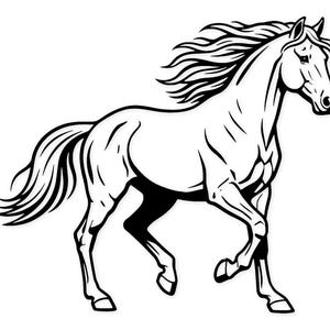 Op de afbeelding: Zwart-wit illustratie van een rennend paard. Het paard is afgebeeld in een dynamische pose, met zijn manen en staart wapperend. De afbeelding is een eenvoudige, maar elegante lijntekening.