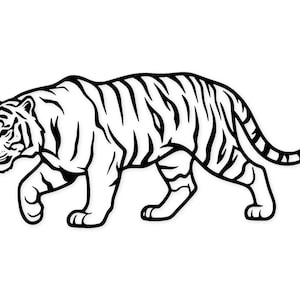 Puede incluir: Ilustración en blanco y negro de un tigre caminando. El tigre tiene rayas negras en su cuerpo y una cola curvada. La imagen es una representación gráfica simple del animal.