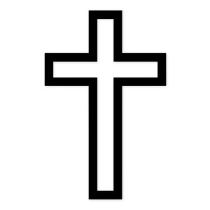 May include: A simple black cross outline on a white background. The cross has a thick, bold outline, creating a clear and easily recognizable religious symbol. The design is minimalist and graphic.